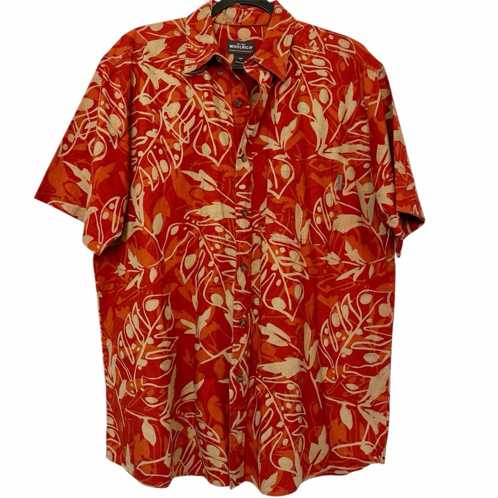WoolRich Leaf Print Button Up Mens Short Sleeve Top Brick Camouflage Size Large